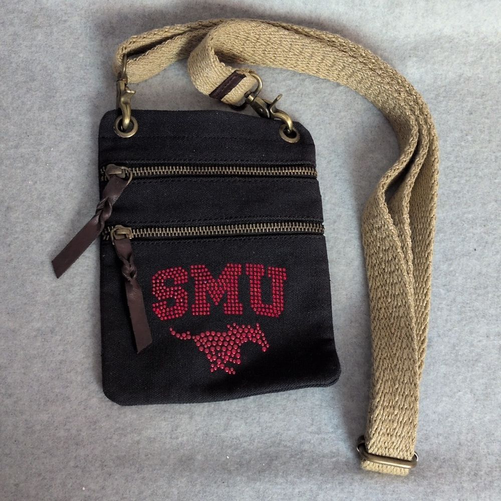 Collegiate Fashionista SMU Mustangs Black Crossbody Pouch Purse Rhinestones